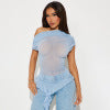 European and American women's clothing design sense perspective mesh diagonal shoulder short sleeved ruffle edge ribbon top